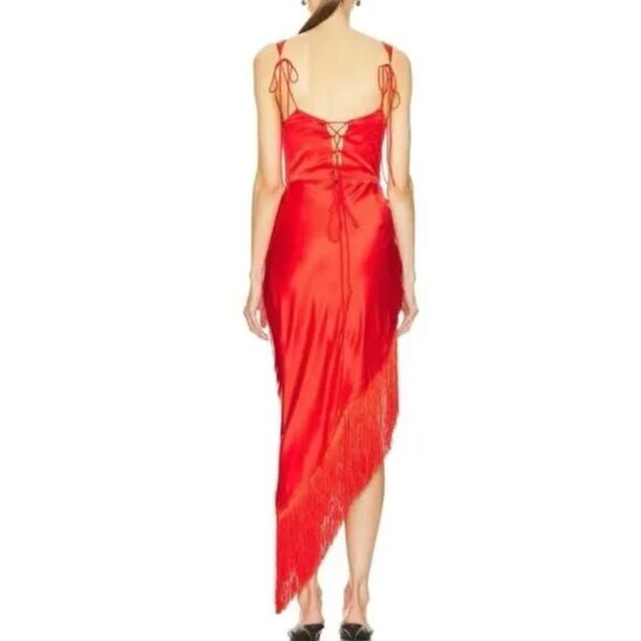 For Love And Lemons Anisa Dress Midi Fringe Lace Up Back Silk Red New NWT Medium - Picture 5 of 7